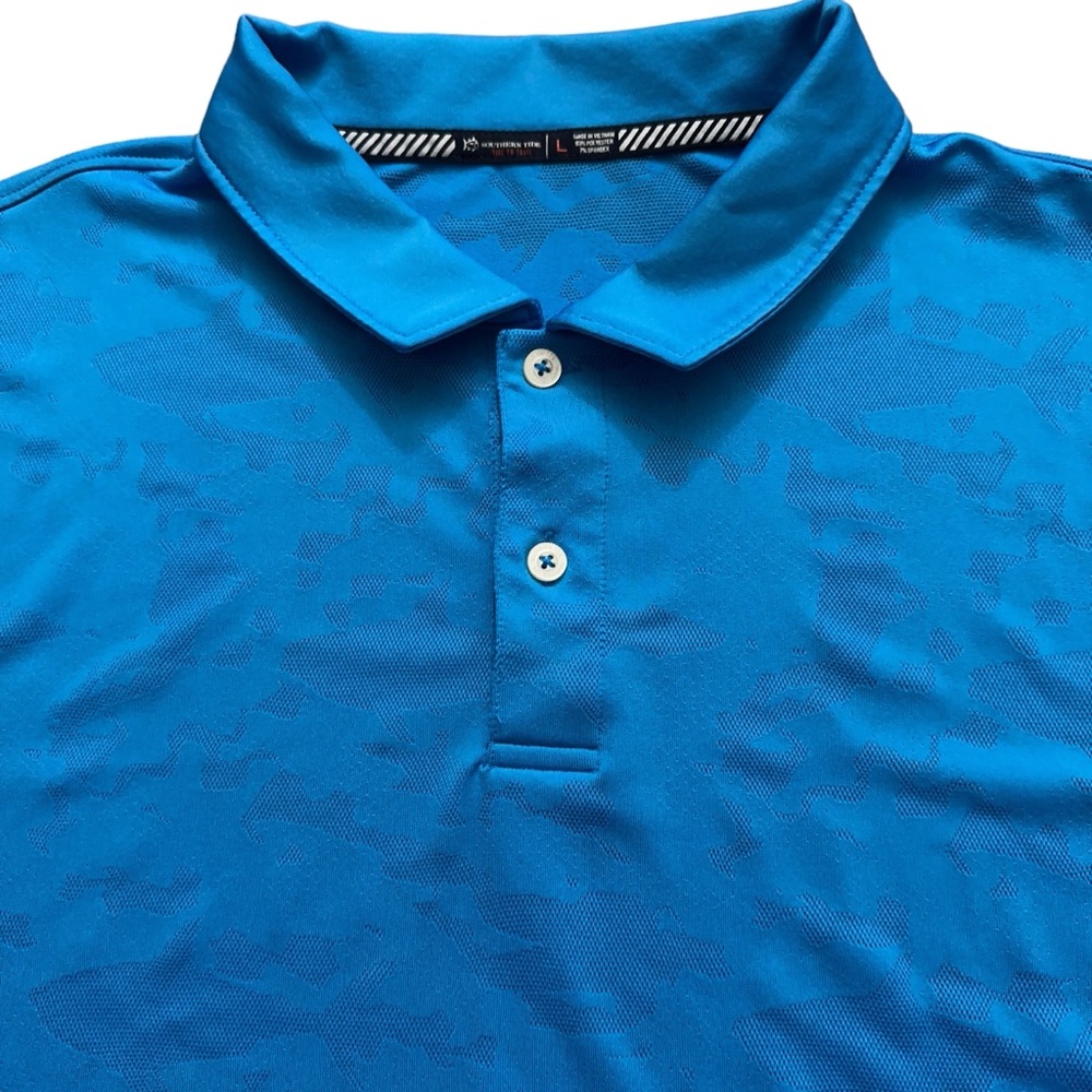 Southern Tide Polo Shirt Mens L Short Sleeve Performance Camo Shark Print Blue